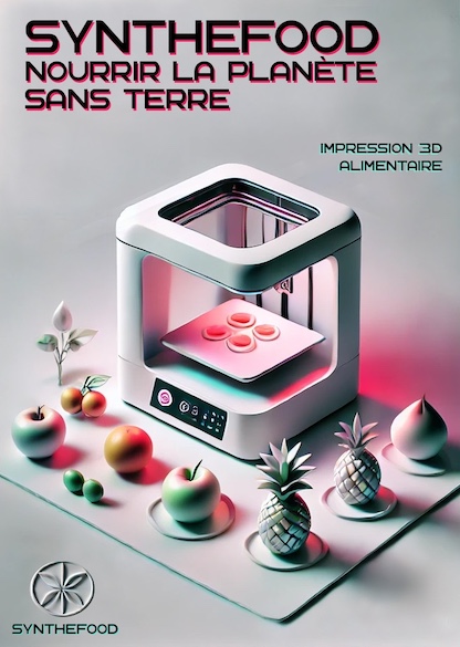 Affiche Synthefood avec mise en avant d'une imprimante 3D pour fabriquer les aliments.